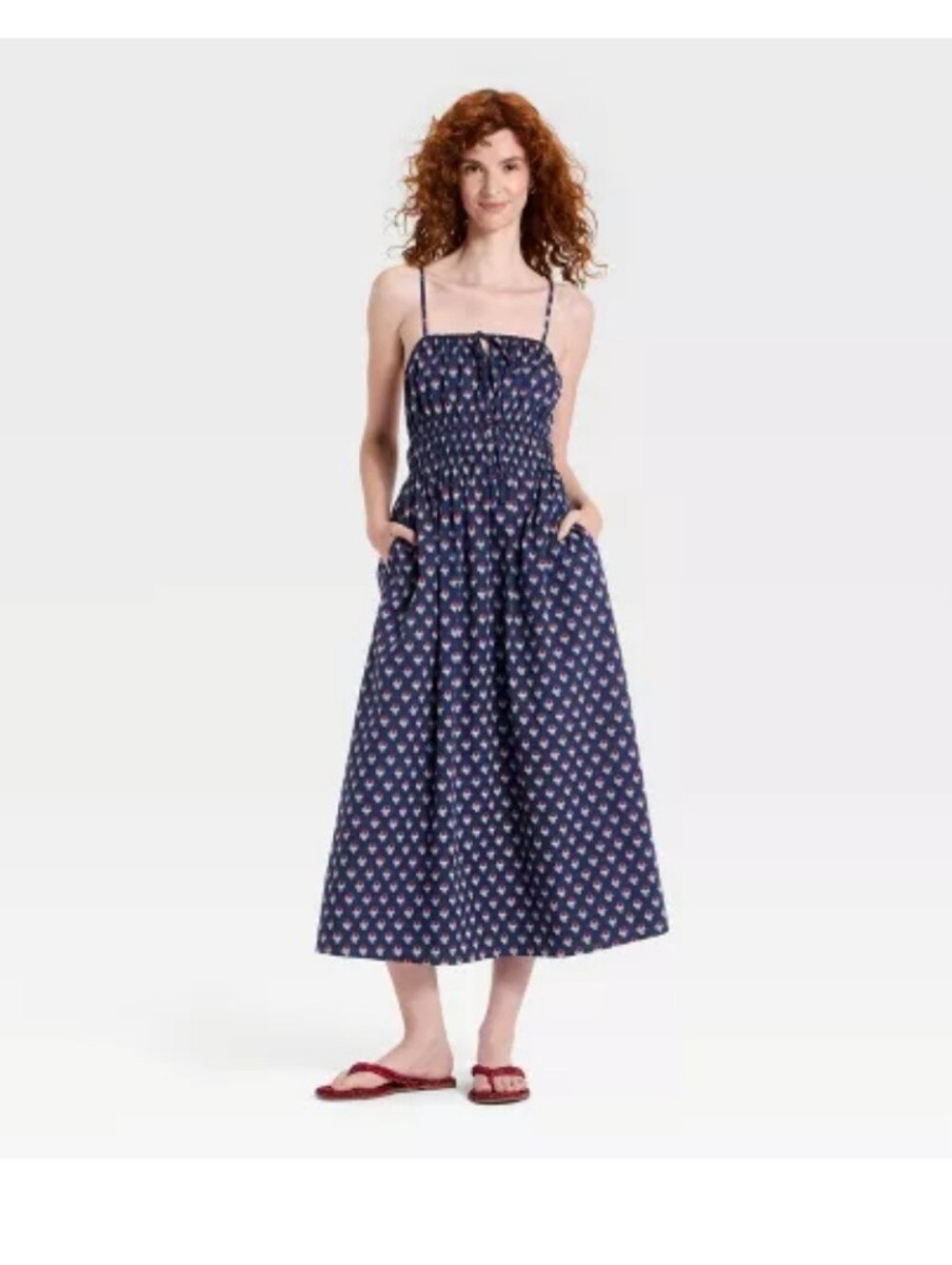 Smocked Navy Floral Midi Sundress with Spaghetti Straps